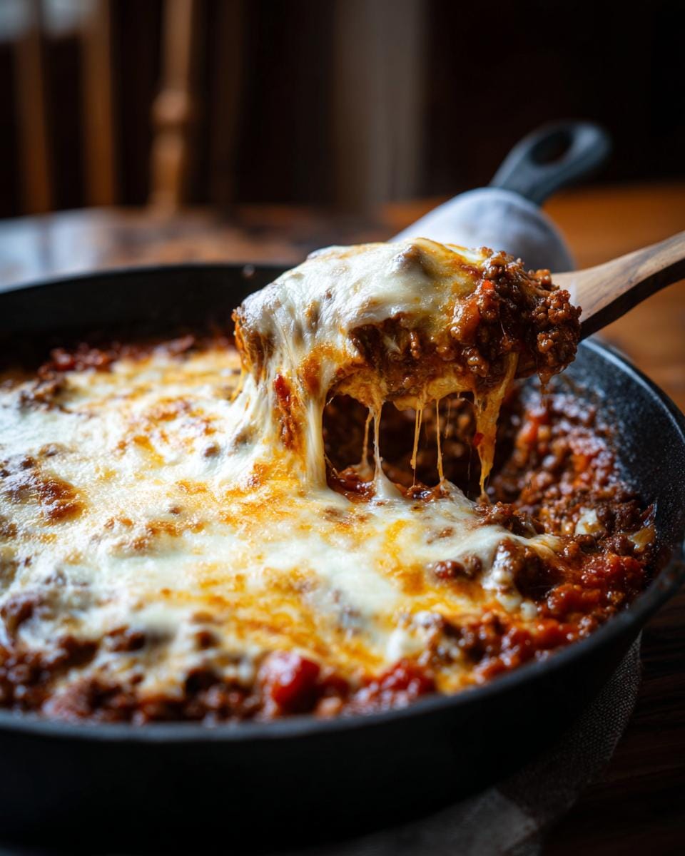 Close-up of Der beste Friss-dich-dumm casserole with melted cheese being lifted with a wooden spoon.