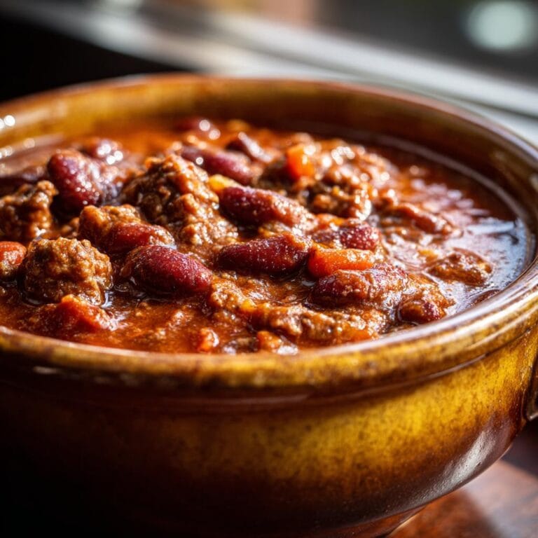 Close-up of Der beste Friss-dich-dumm-Topf ever! in a brown ceramic bowl, showing beans and meat.
