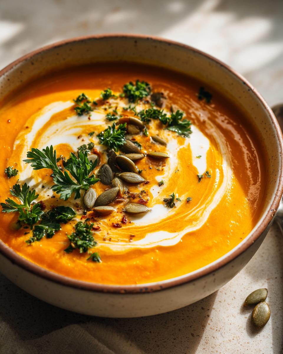 A bowl of Die Beste Kürbissuppe, garnished with cream, pumpkin seeds, and parsley.