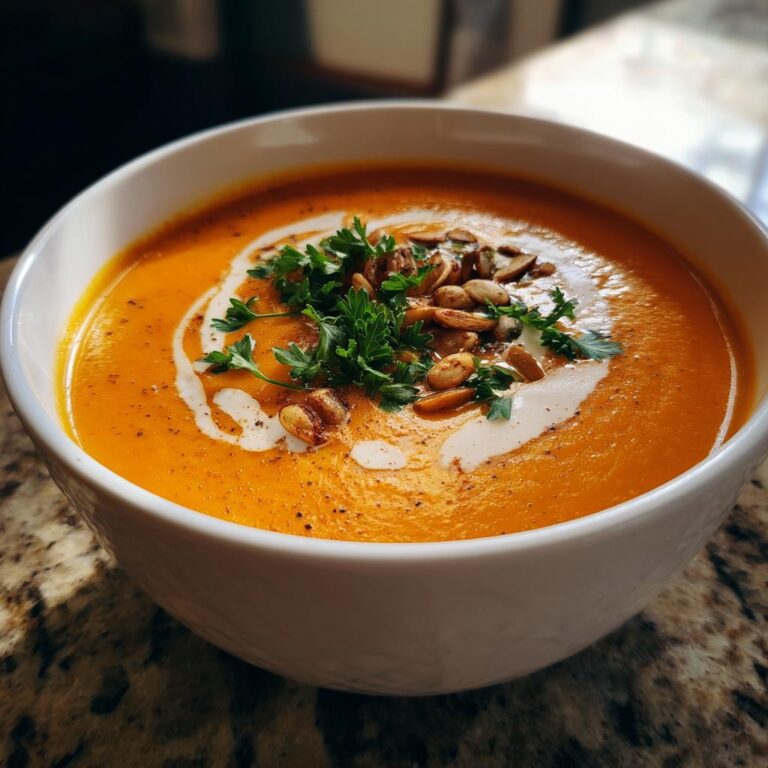 A bowl of Die Beste Kürbissuppe, garnished with cream, pumpkin seeds, and fresh parsley.