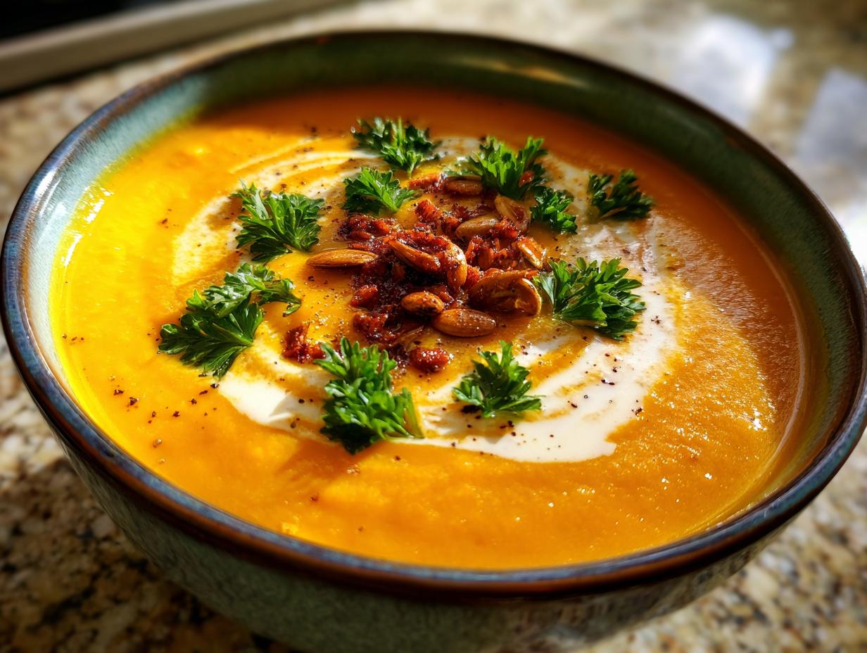 Nahaufnahme einer Schüssel Die Beste Kürbissuppe, garniert mit Sahne, Petersilie und Kürbiskernen.