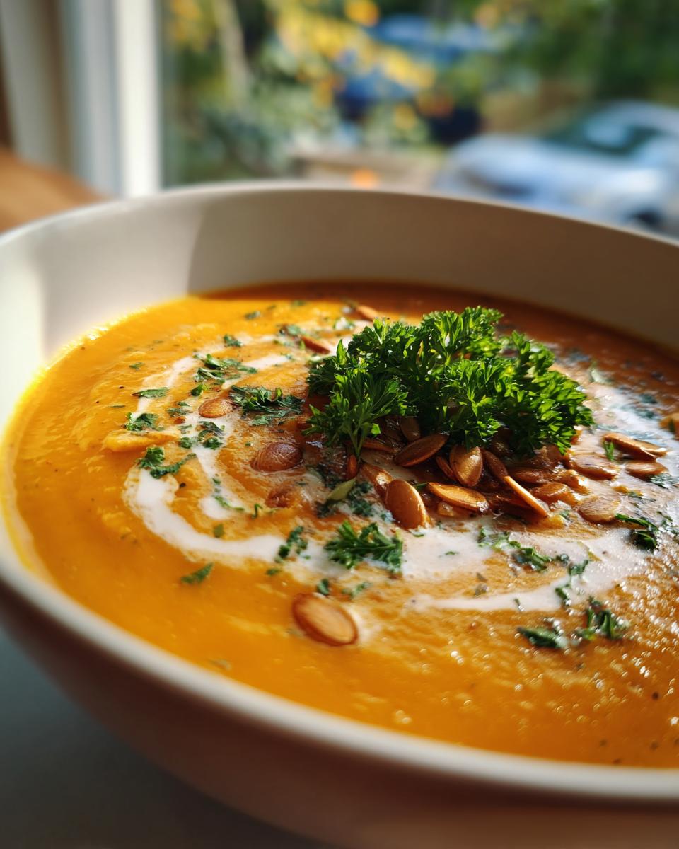 A bowl of Die Beste Kürbissuppe, garnished with cream, pumpkin seeds, and parsley.