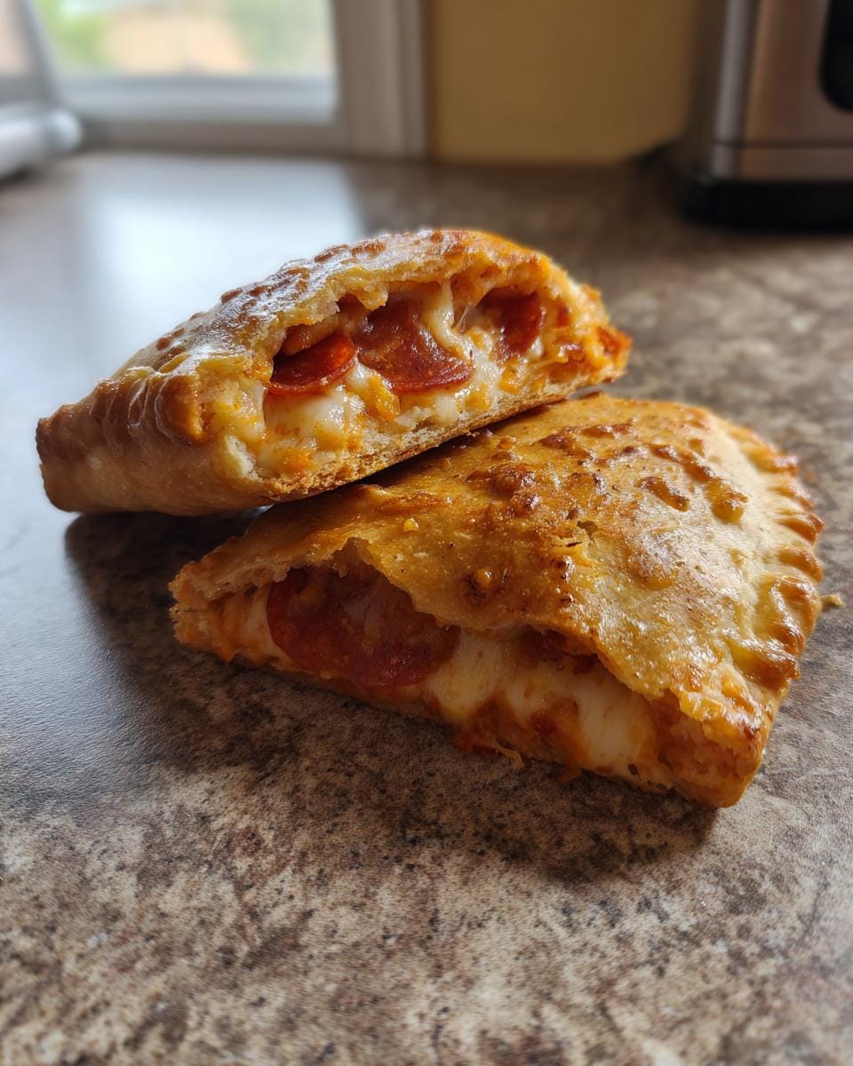Two easy cheesy pizza pockets, one cut in half, showing pepperoni and melted cheese filling.