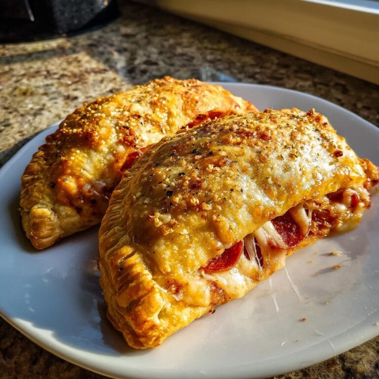 Two golden brown Easy Cheesy Pizza Pockets filled with pepperoni and cheese on a white plate.