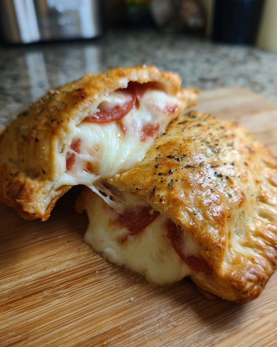 Close-up of two Easy Cheesy Pizza Pockets Recipe, one cut open to show melted cheese and pepperoni filling.
