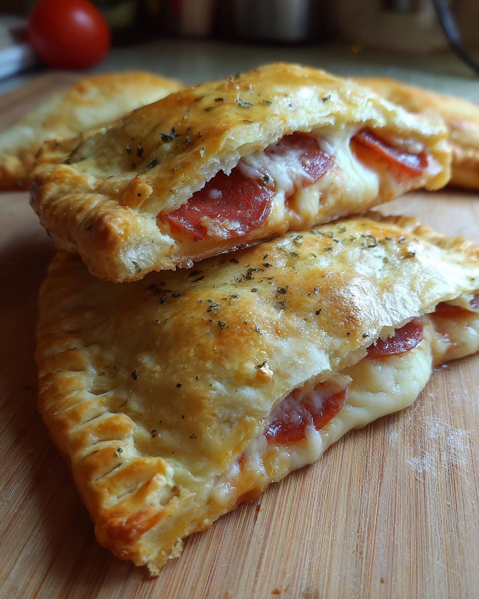 Two halves of an Easy Cheesy Pizza Pockets Recipe, filled with pepperoni and melted cheese, stacked on a wooden board.