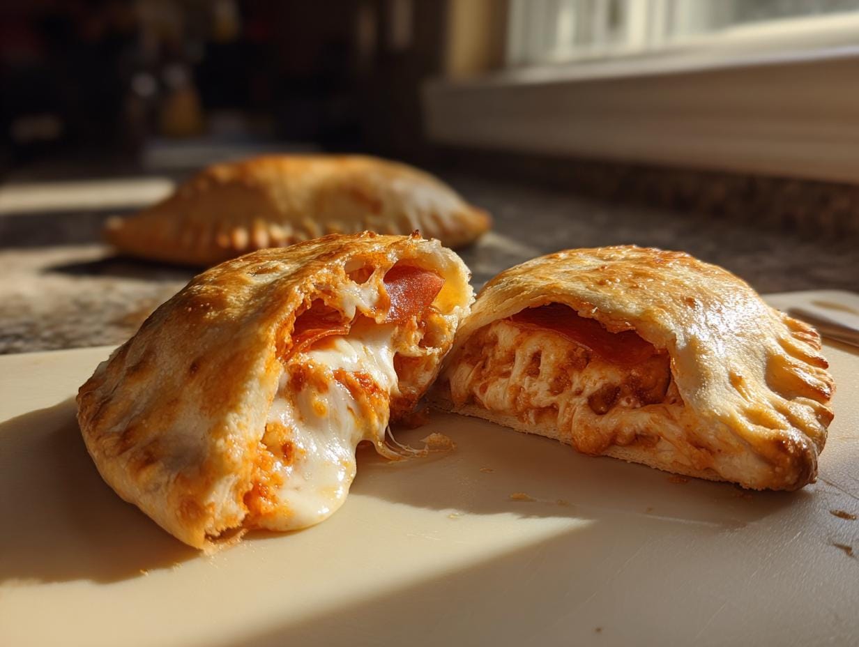 Two Easy Cheesy Pizza Pockets Recipe, one cut open to show melted cheese and pepperoni filling.