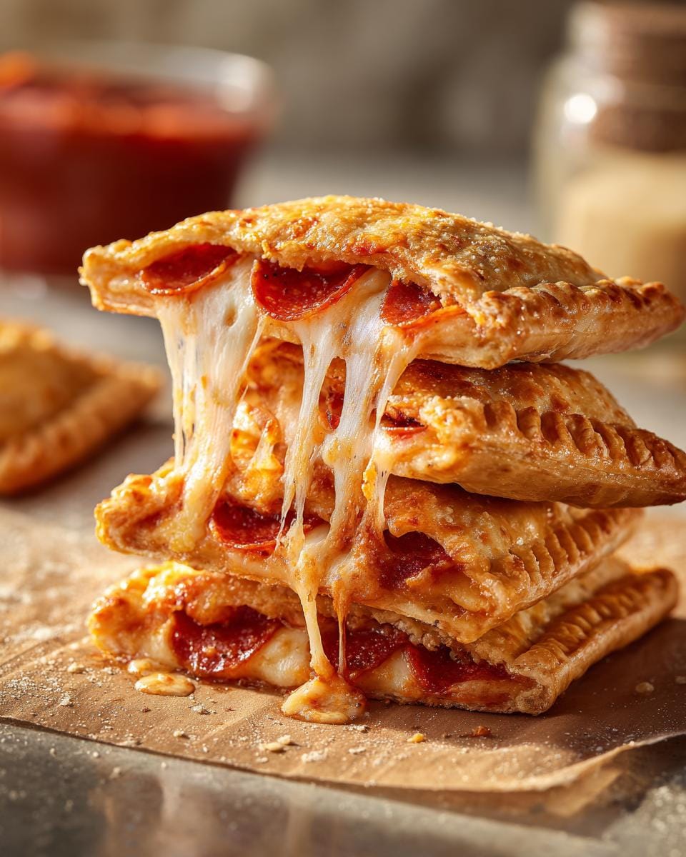 A stack of Easy Cheesy Pizza Pockets with pepperoni and melted cheese oozing out.