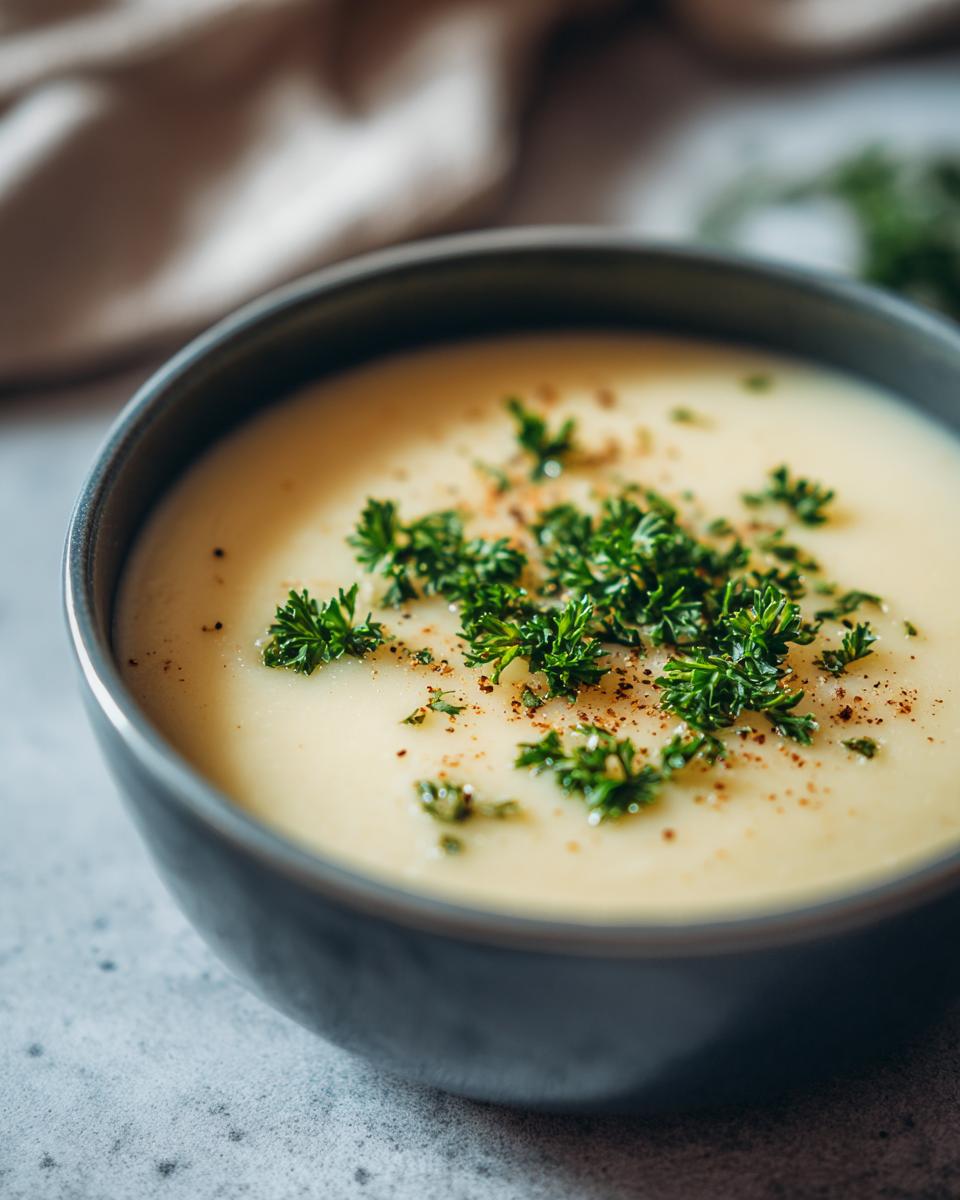 Close-up of a bowl of Einfache Kartoffelsuppe, garnished with fresh parsley and a sprinkle of spices.