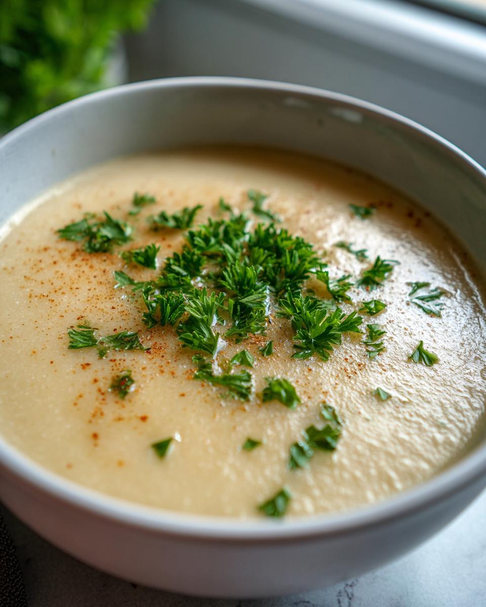 Close-up of a bowl of Einfache Kartoffelsuppe, garnished with fresh parsley and a sprinkle of spice.