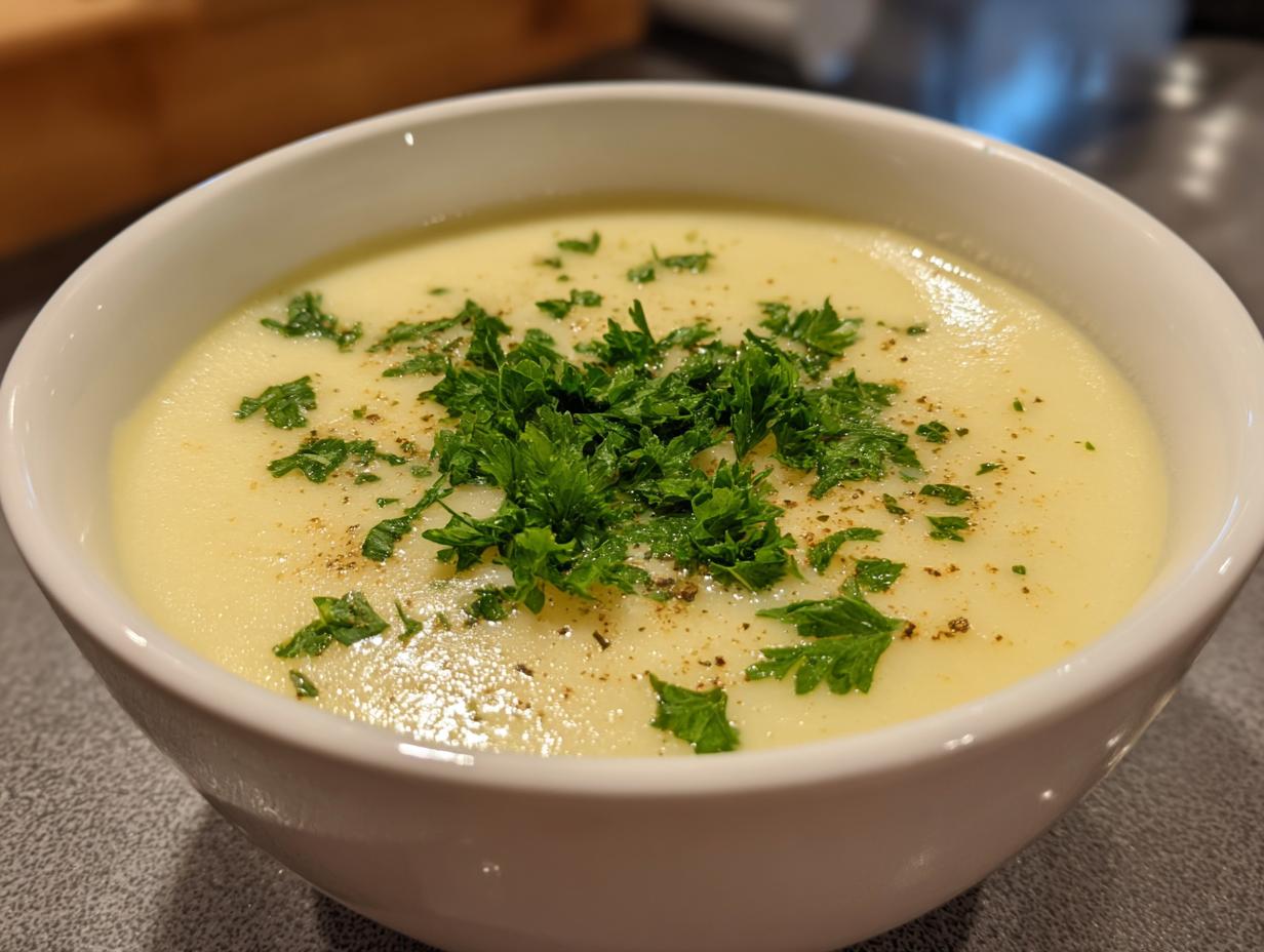 Nahaufnahme einer Schüssel EINFACHE KARTOFFELSUPPE, garniert mit frischer Petersilie und Gewürzen.