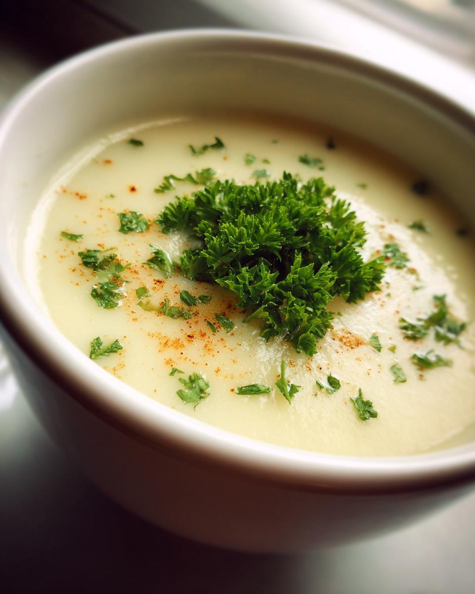 Bowl of EINFACHE KARTOFFELSUPPE (simple potato soup) garnished with fresh parsley and paprika.