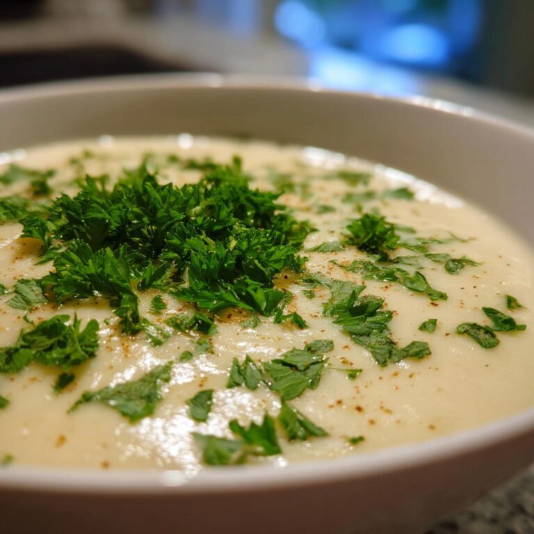 Close-up of a bowl of EINFACHE KARTOFFELSUPPE garnished with fresh parsley.