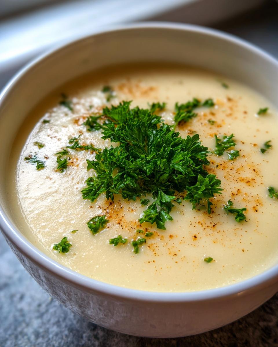 Bowl of EINFACHE KARTOFFELSUPPE (simple potato soup) garnished with fresh parsley and a sprinkle of spice.
