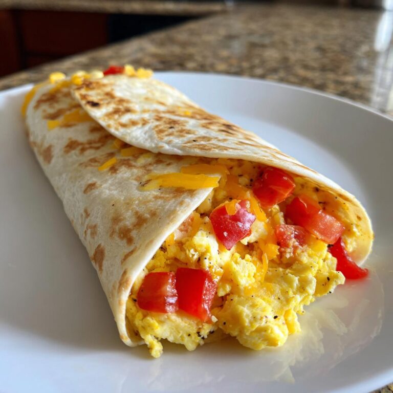 Close-up of a Einfacher Frühstückswrap mit Ei, Käse und Tomaten on a white plate.