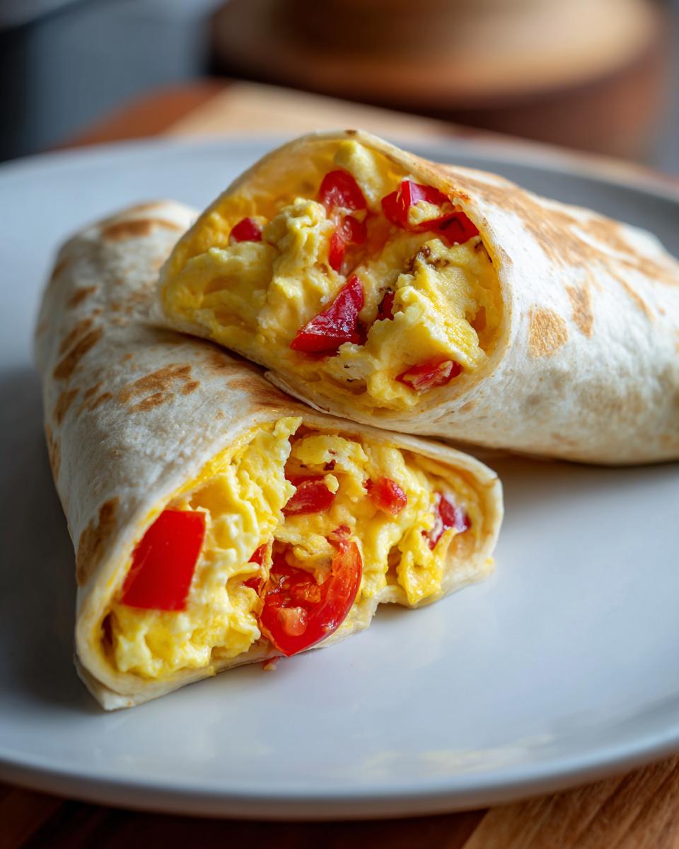Geschnittener Einfacher Frühstückswrap mit Ei, Käse und Tomaten Füllung auf einem Teller.