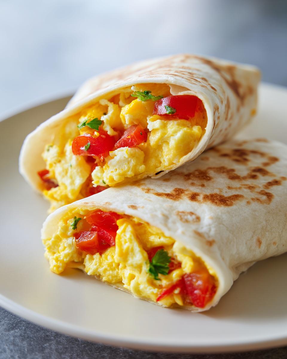 Two Einfacher Frühstückswrap mit Ei, Käse und Tomaten on a plate, filled with scrambled eggs and tomatoes.