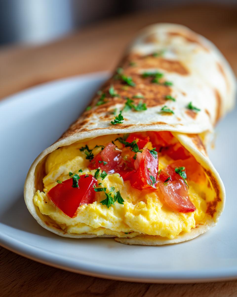 Nahaufnahme eines Einfacher Frühstückswrap mit Ei, Käse und Tomaten, garniert mit Petersilie.