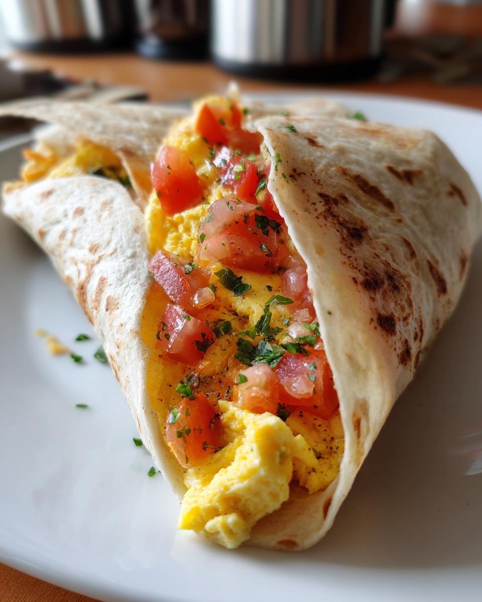 Close-up of Einfacher Frühstückswrap mit Ei, Käse und Tomaten on a white plate, filled with scrambled eggs and diced tomatoes.