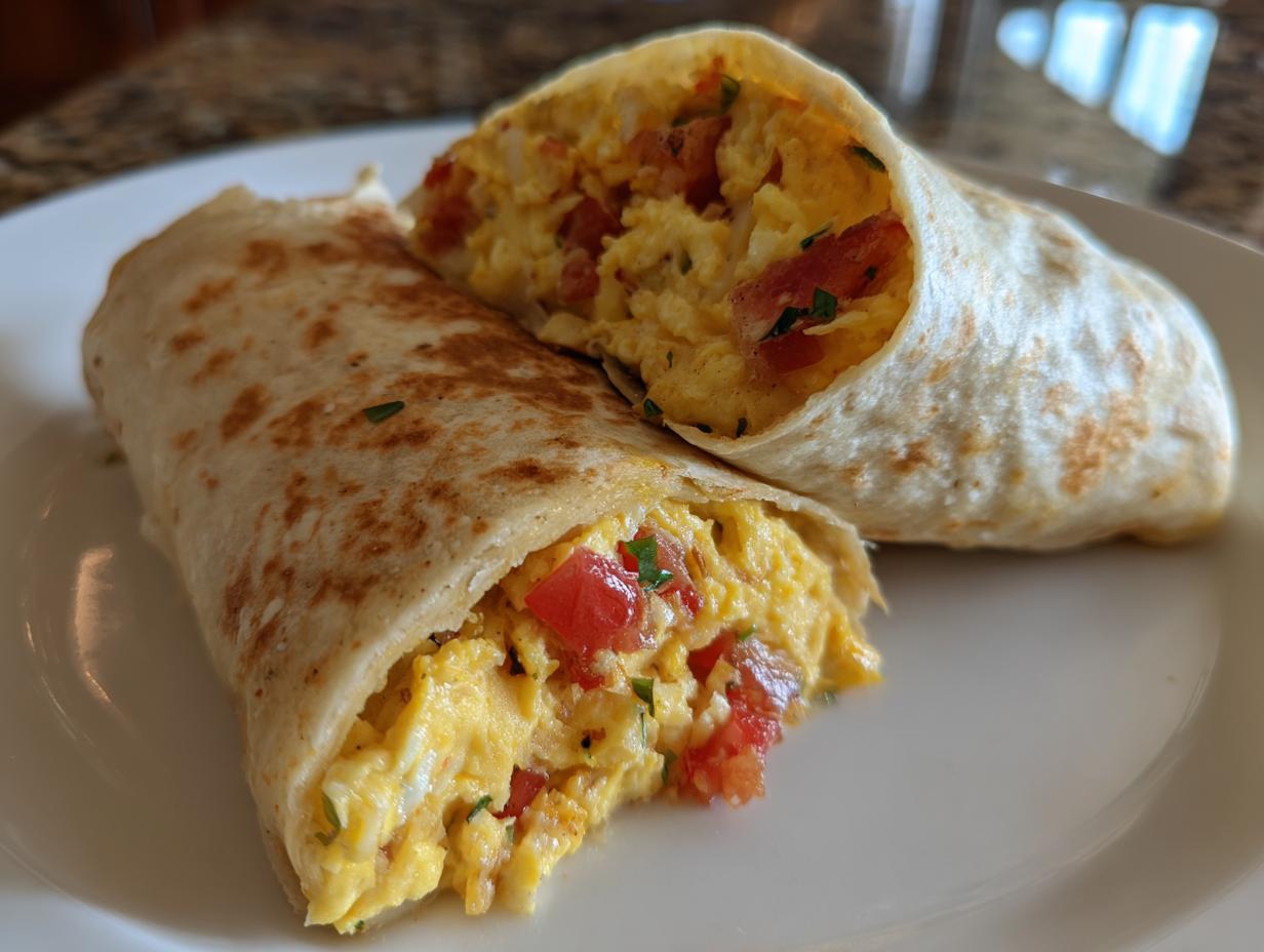 Geschnittener Einfacher Frühstückswrap mit Ei, Käse und Tomaten auf einem Teller.