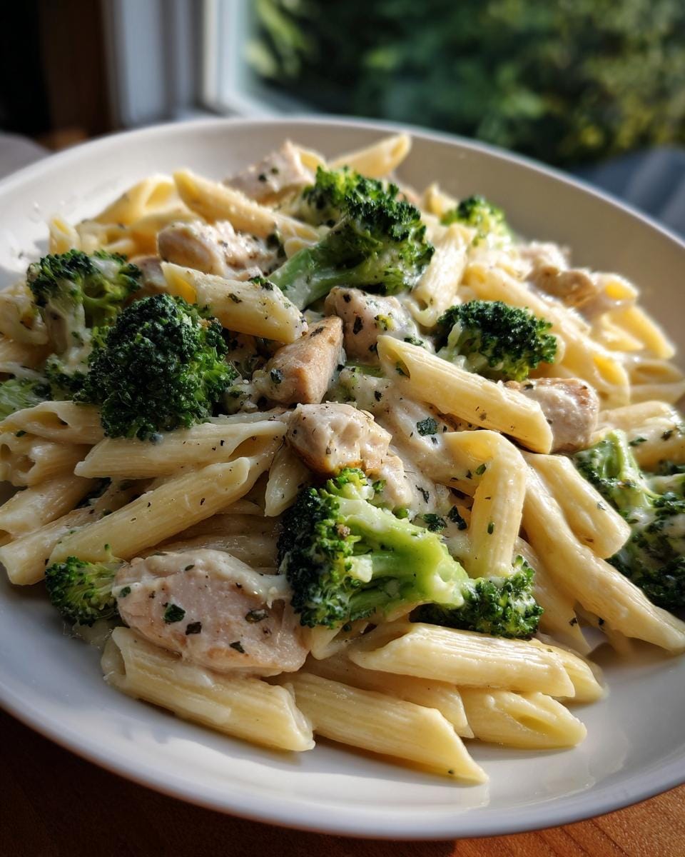 Nahaufnahme von Einfaches Rezept für Hähnchen-Brokkoli-Pasta auf einem Teller, garniert mit Kräutern.