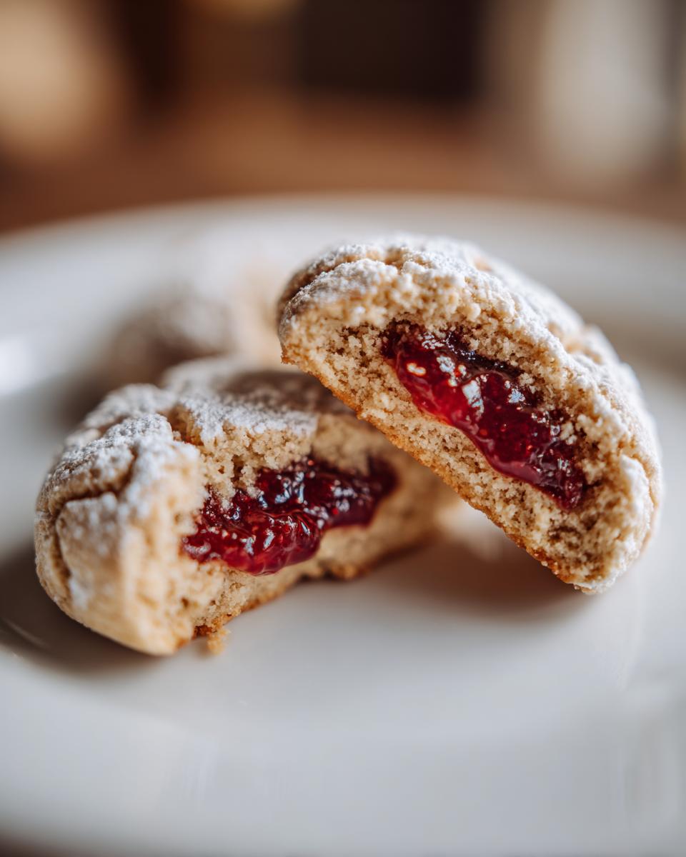 A halved Engelsaugen cookie filled with raspberry jam and dusted with powdered sugar, showcasing the best Rezept.