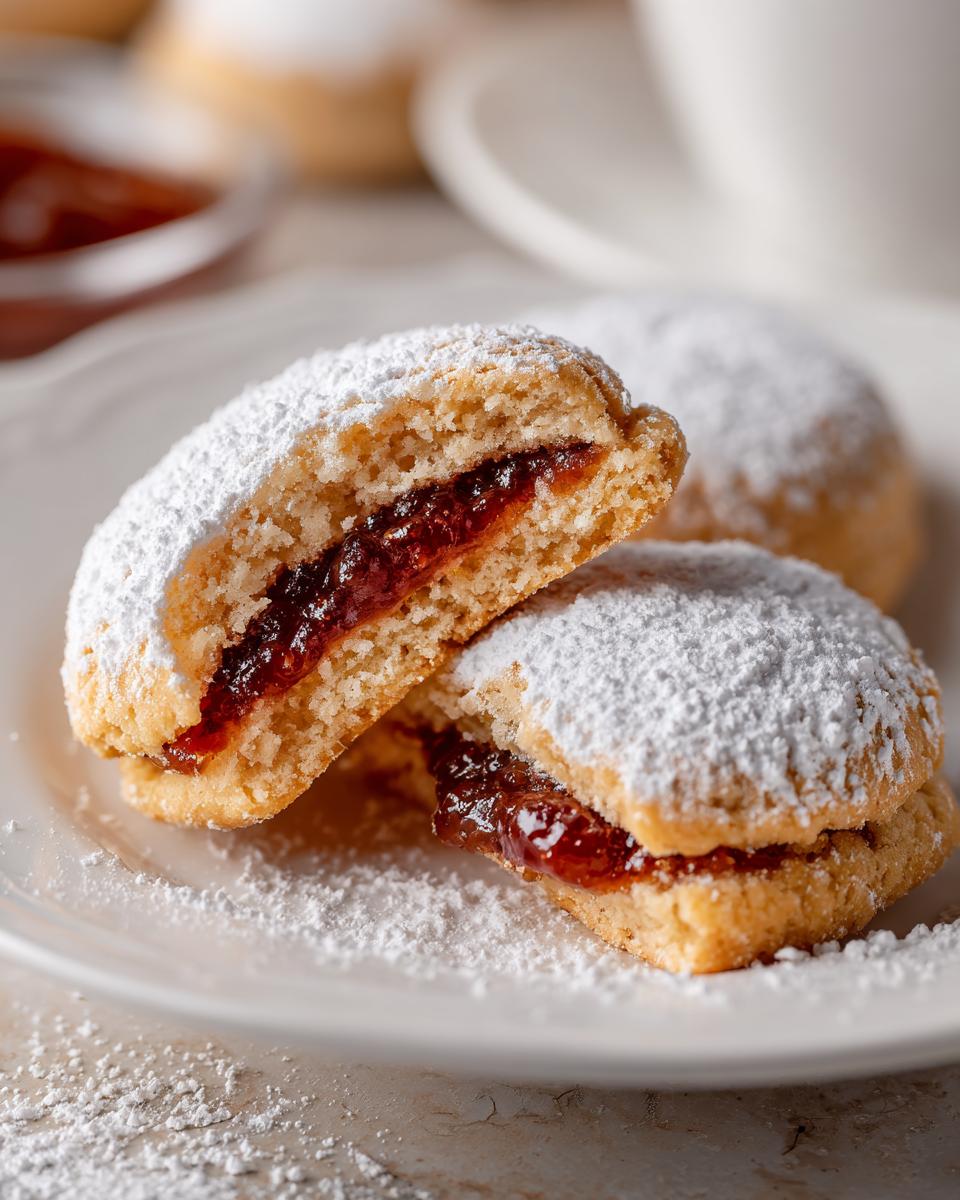 Close-up of a halved Engelsaugen cookie filled with jam and dusted with powdered sugar.