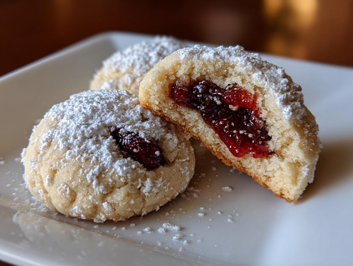 Close-up of Engelsaugen cookies dusted with powdered sugar, one cut in half to show the jam filling.