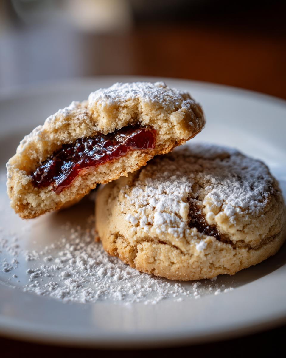Two Engelsaugen cookies, one halved to show the jam filling, dusted with powdered sugar.