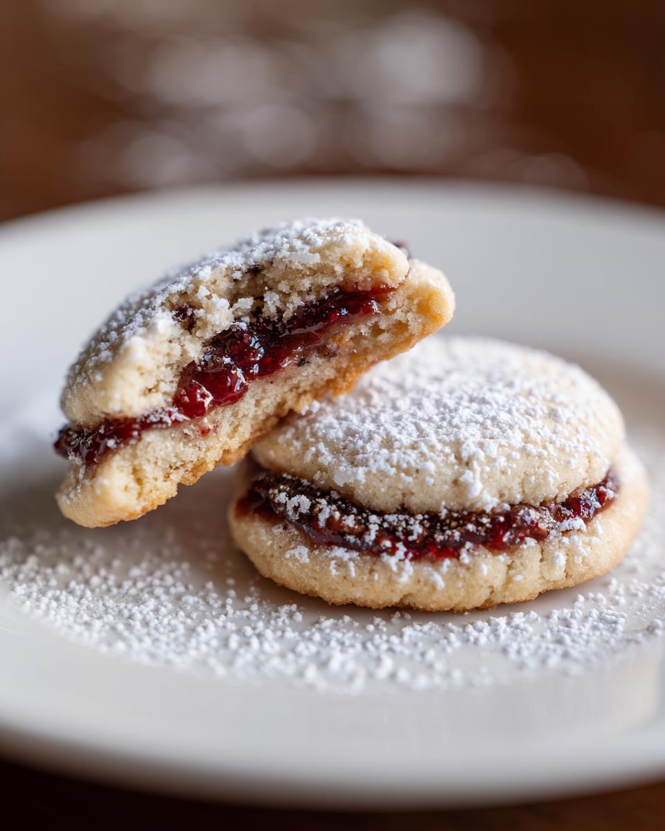 Two Engelsaugen cookies filled with jam and dusted with powdered sugar, one cut in half.