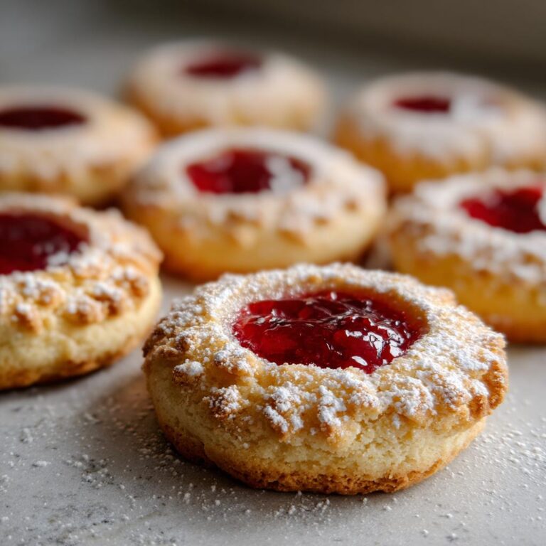 Close-up of Engelsaugen - Husarenkrapfen cookie with red jam filling and powdered sugar.