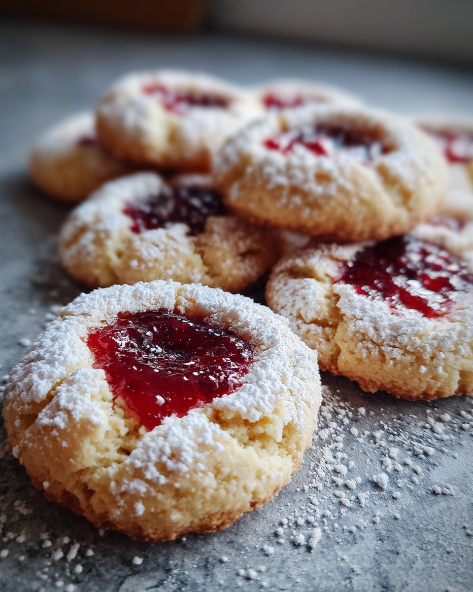 Close-up of Engelsaugen - Husarenkrapfen cookies filled with red jam and dusted with powdered sugar.