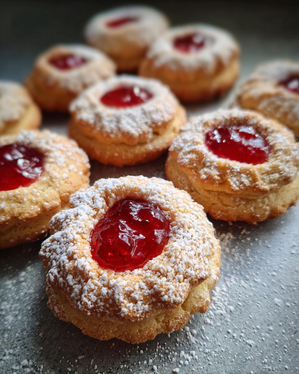 Close-up of Engelsaugen - Husarenkrapfen cookies filled with red jam and dusted with powdered sugar.