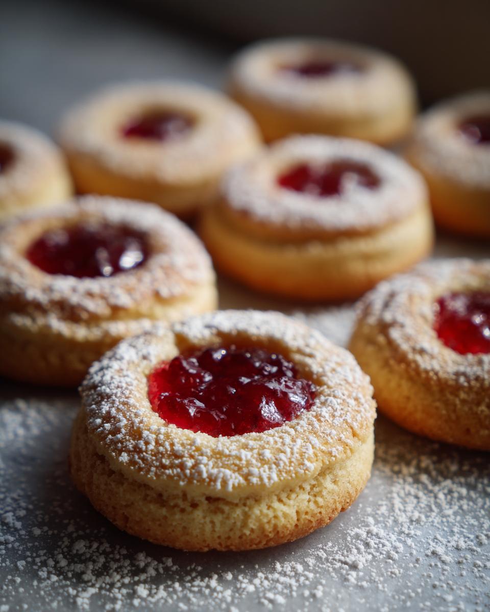 Close-up of Engelsaugen - Husarenkrapfen cookies filled with red jam and dusted with powdered sugar.