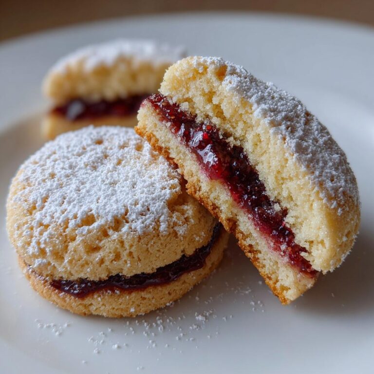 Close-up of Engelsaugen cookies filled with raspberry jam and dusted with powdered sugar.