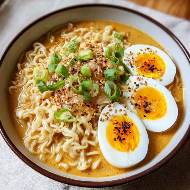 Close-up of Erdnuss-Ramen mit Ei in einer Schüssel, garniert mit Frühlingszwiebeln und Sesam.