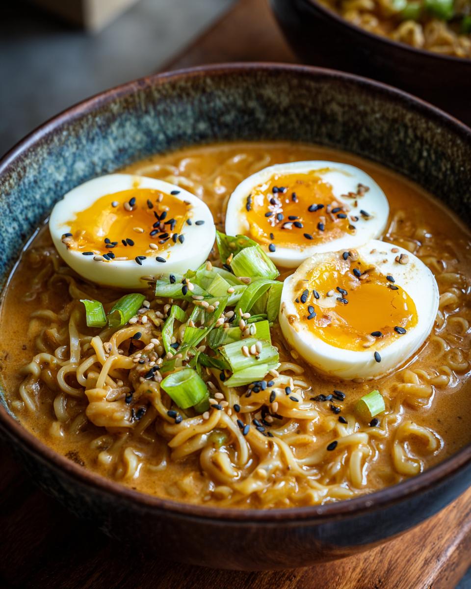 Nahaufnahme einer Schüssel Erdnuss-Ramen mit Ei, garniert mit Frühlingszwiebeln und Sesam.