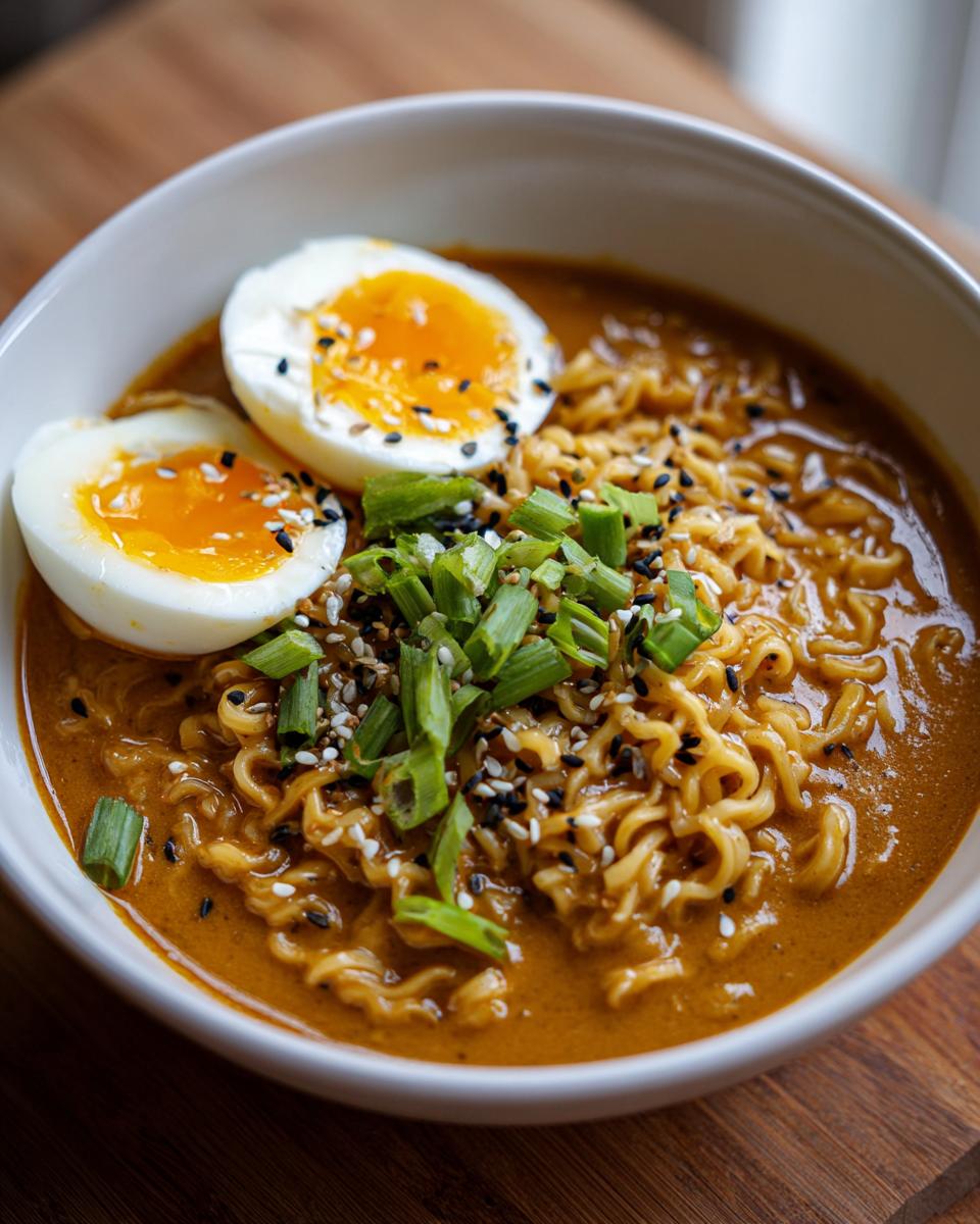 Nahaufnahme von Erdnuss-Ramen mit Ei, garniert mit Frühlingszwiebeln und Sesam.