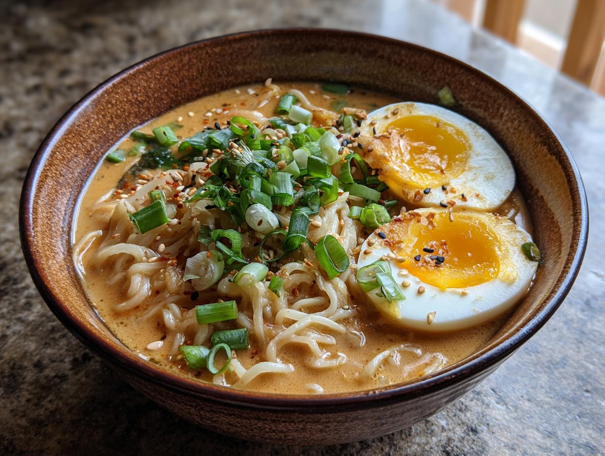 Nahaufnahme von Erdnuss-Ramen mit Ei, garniert mit Frühlingszwiebeln und Sesam in einer braunen Schale.