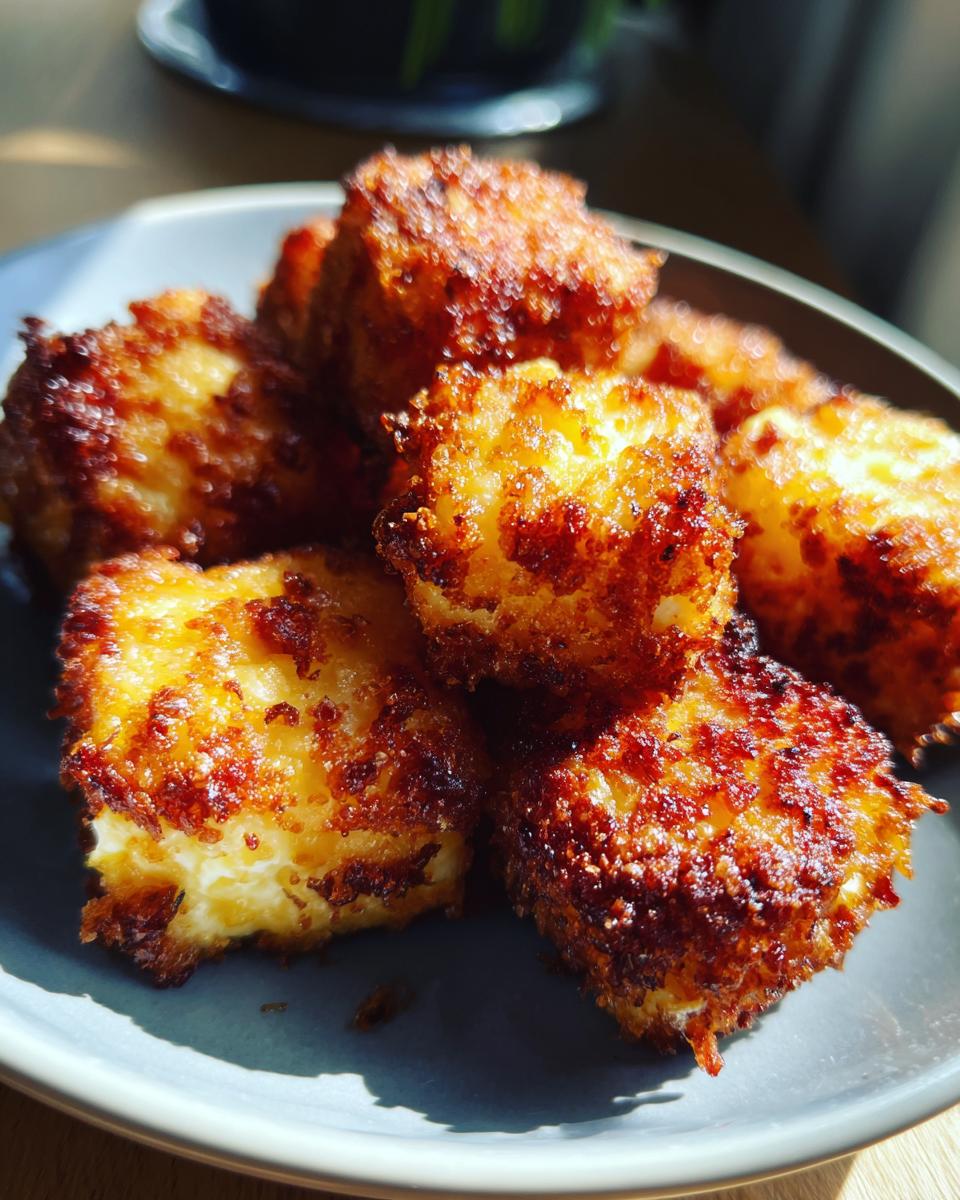 Close-up of golden-brown Feta-Häppchen aus der Heißluftfritteuse on a blue plate.