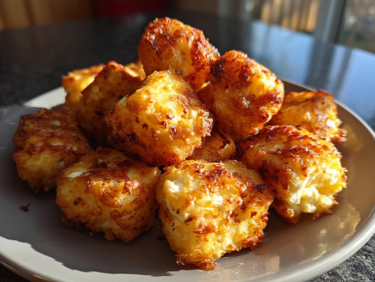 Close-up of golden brown Feta-Häppchen aus der Heißluftfritteuse on a gray plate, ready to eat.