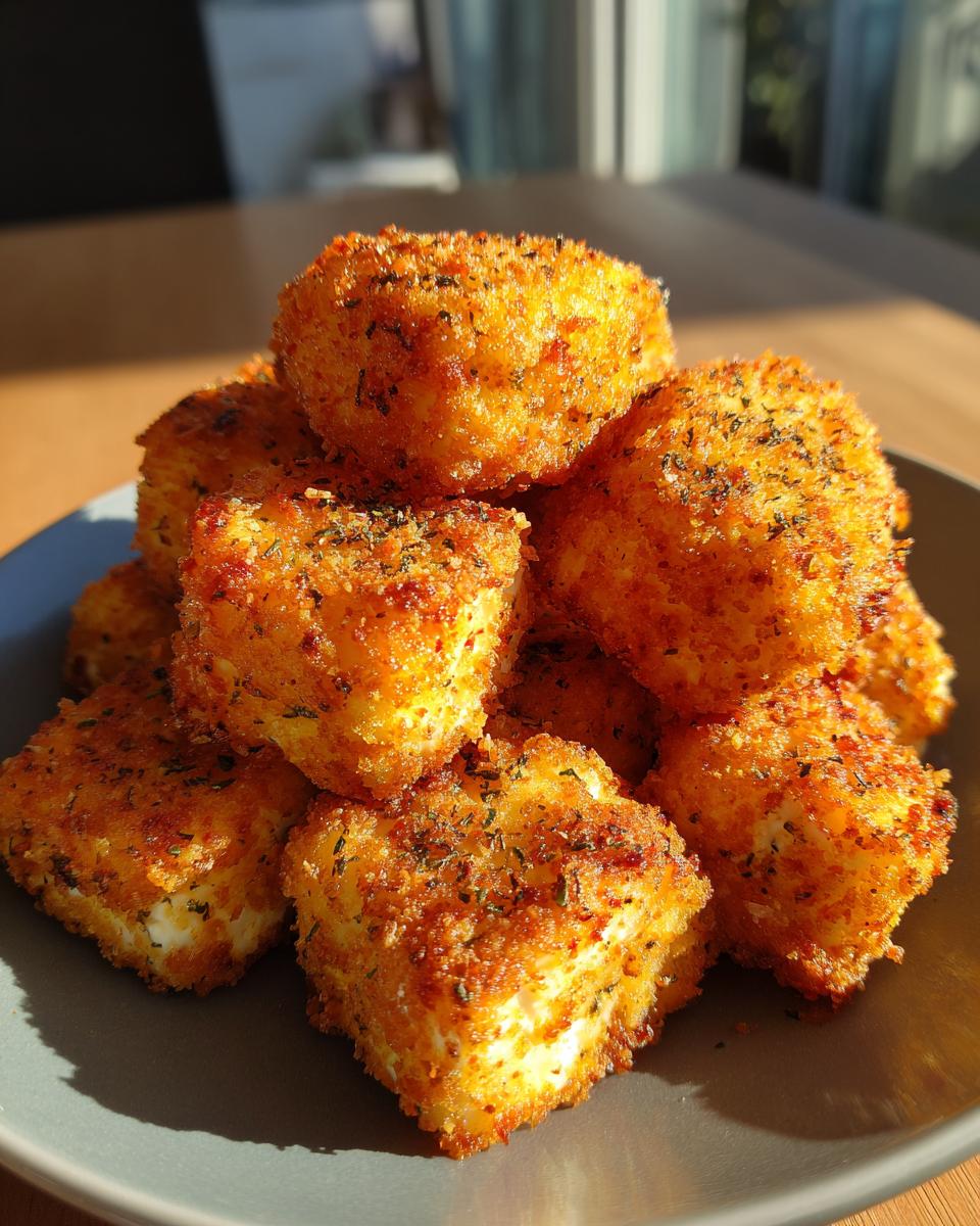 Close-up of Feta-Häppchen aus der Heißluftfritteuse, golden brown and stacked on a plate.