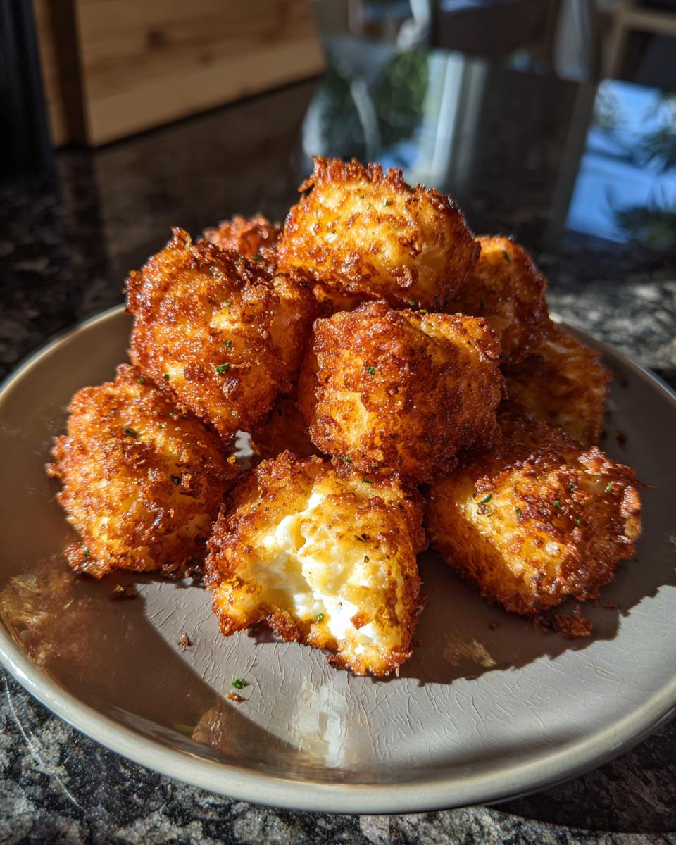Golden Feta-Häppchen aus der Heißluftfritteuse, stacked on a plate, showing the crispy exterior and soft feta inside.
