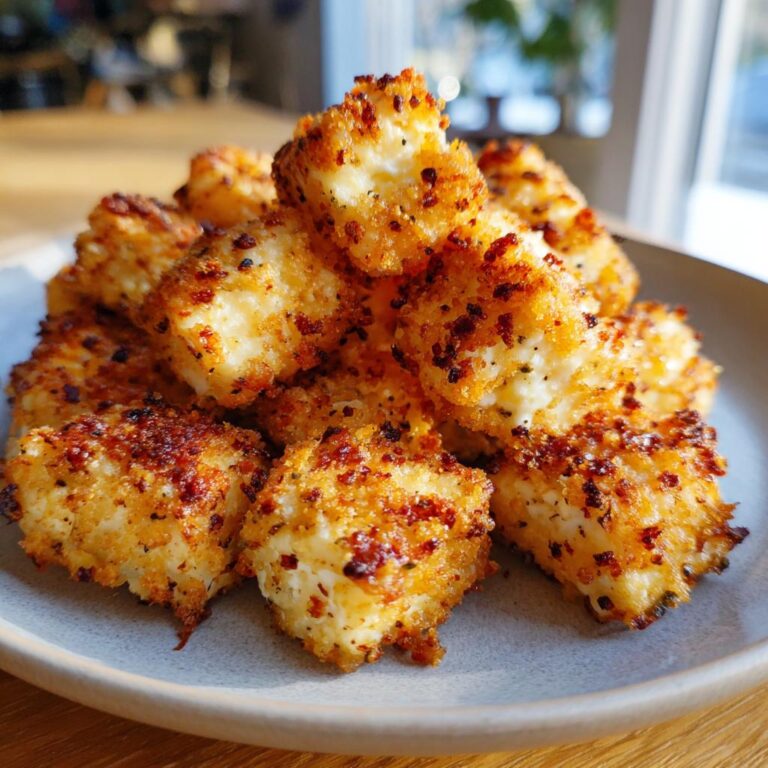 Nahaufnahme von Feta-Häppchen aus der Heißluftfritteuse auf einem Teller.