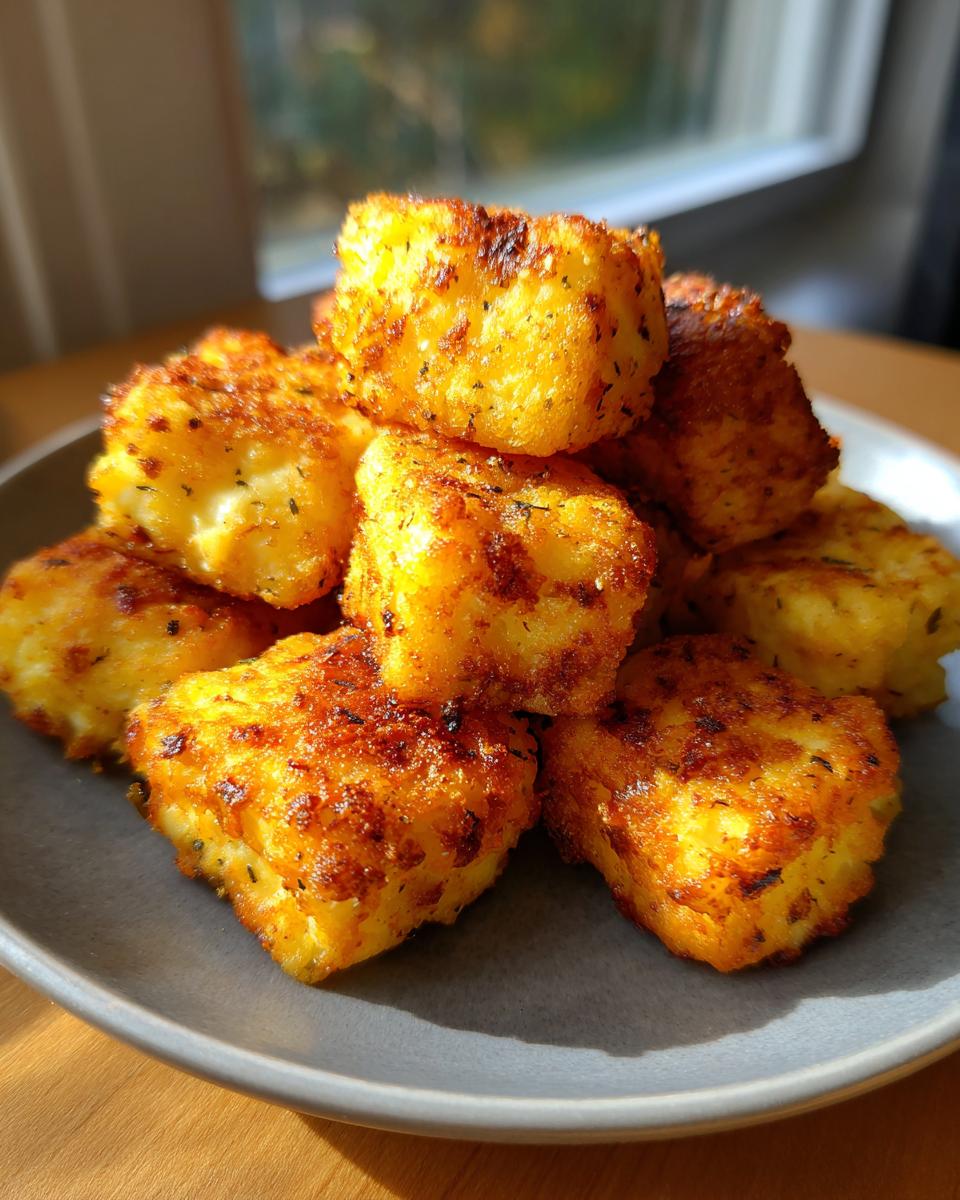 A stack of golden-brown Feta-Häppchen aus der Heißluftfritteuse on a gray plate, ready to be enjoyed.