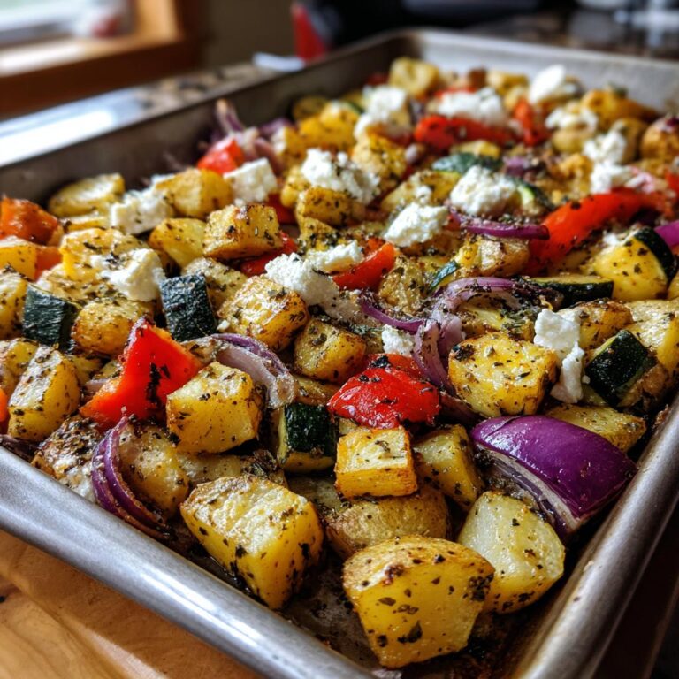 Close-up of Feta Kartoffeln Ofengemüse on a baking sheet, featuring potatoes, feta, and colorful roasted vegetables.