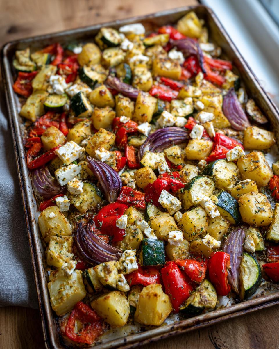 Overhead shot of Feta Kartoffeln Ofengemüse on a baking sheet, featuring potatoes, feta, and colorful roasted vegetables.