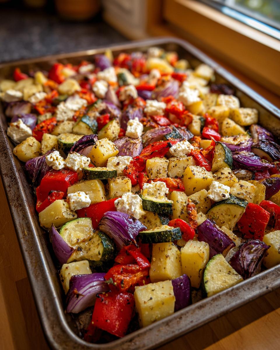 Baking sheet filled with Feta Kartoffeln Ofengemüse, featuring potatoes, zucchini, red peppers, and red onions.