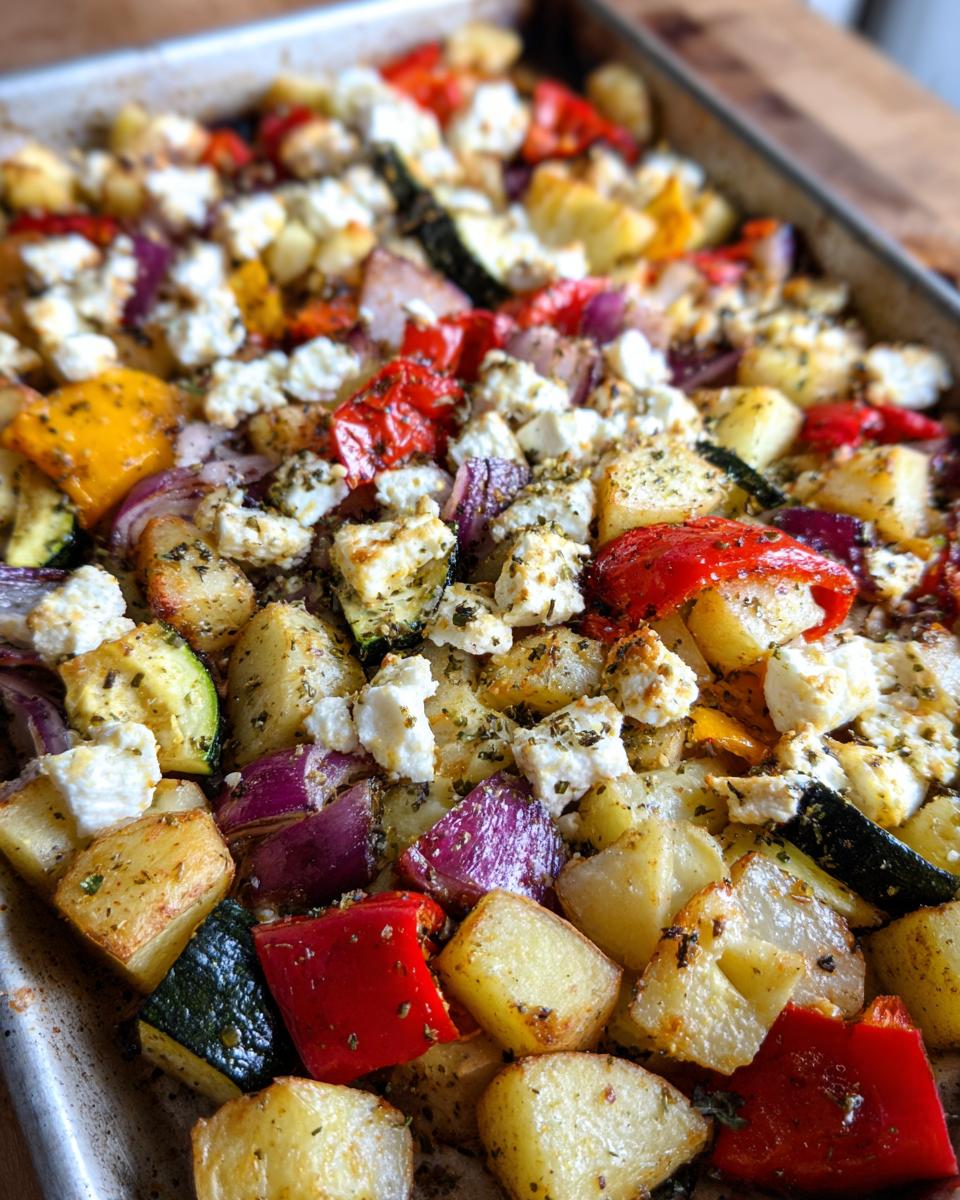 Overhead shot of Feta Kartoffeln Ofengemüse, featuring potatoes, peppers, zucchini, red onion, and feta on a baking sheet.