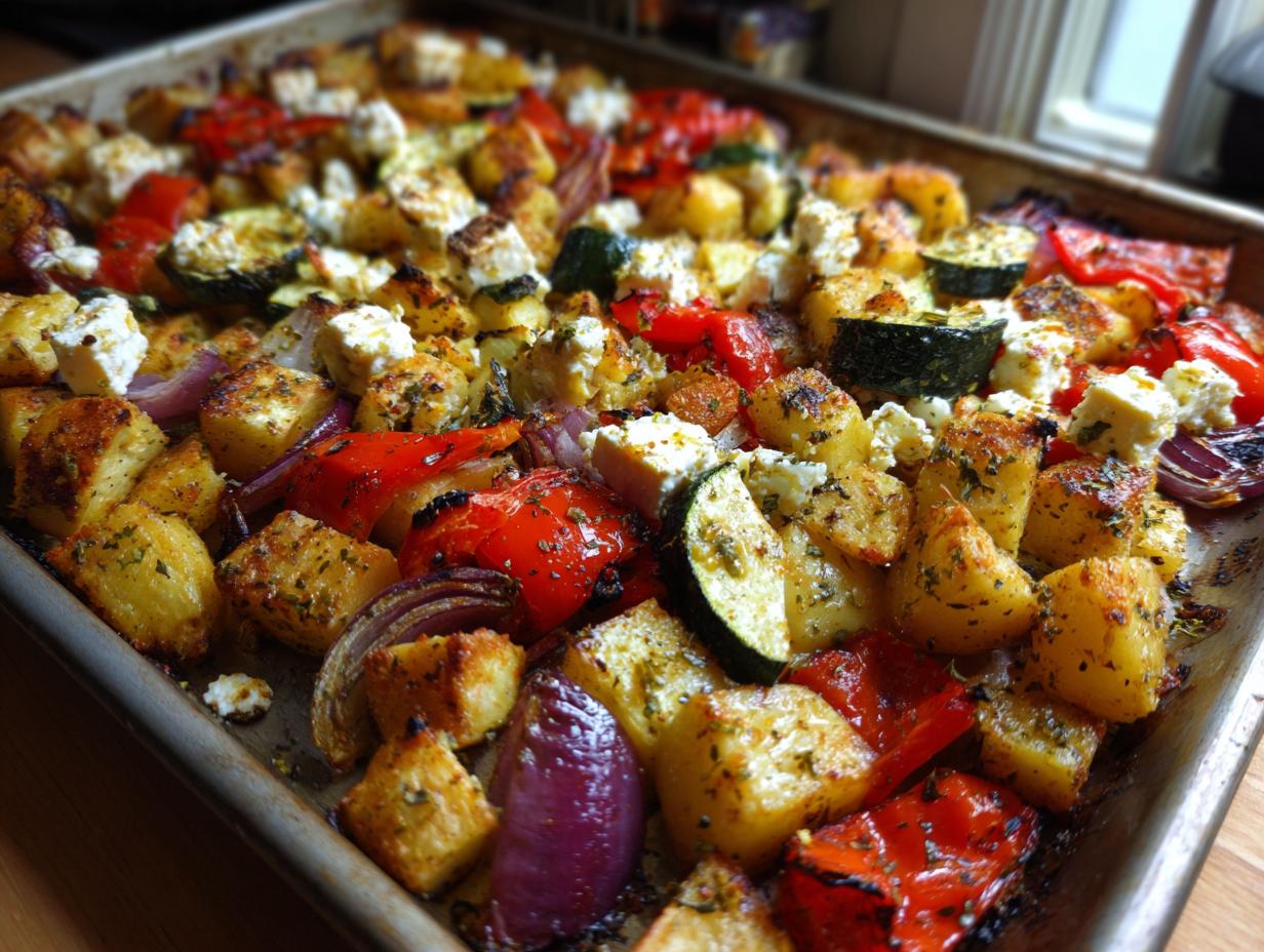 Baking sheet filled with roasted Feta Kartoffeln Ofengemüse, including potatoes, peppers, zucchini, onions, and feta cheese.